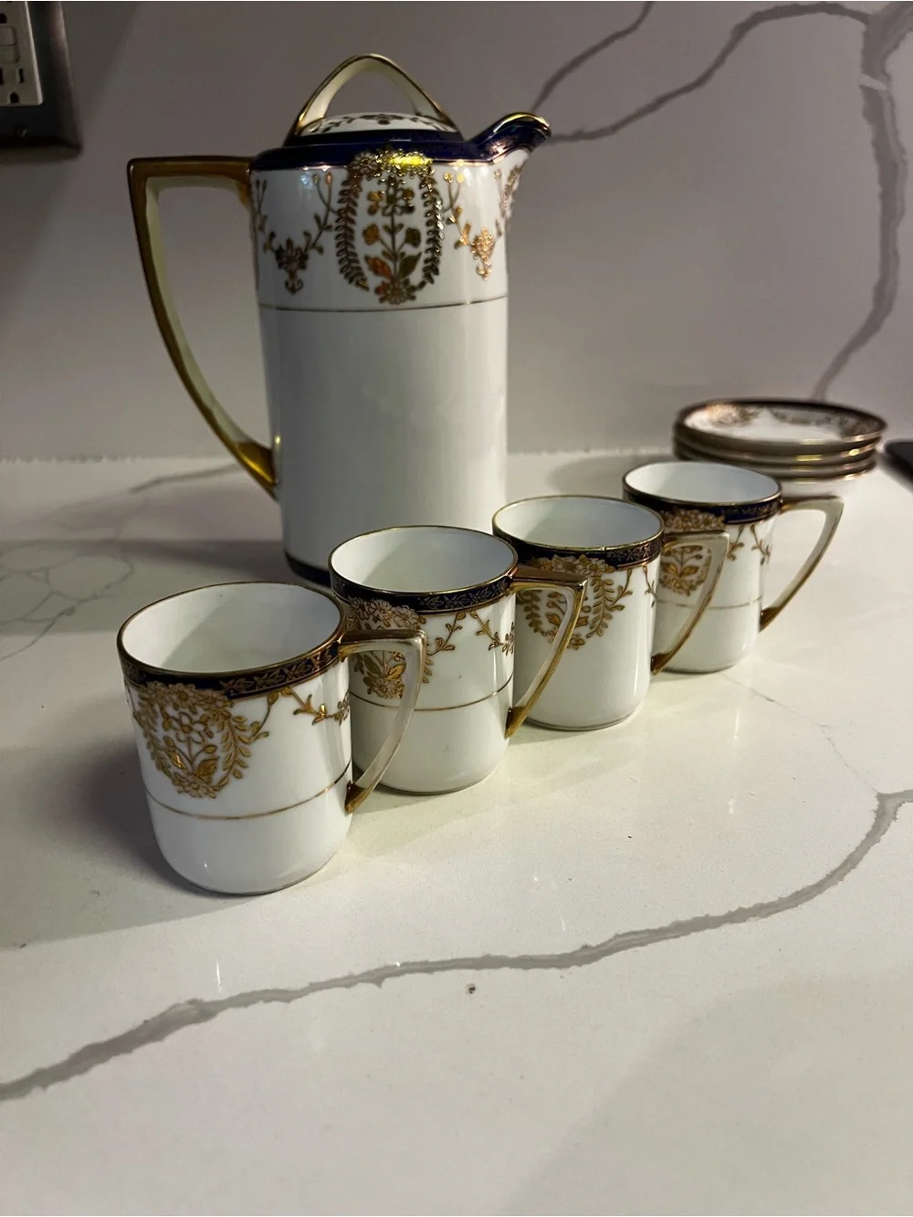 Elegant White Porcelain Coffee/Tea Set with Dark Blue and Gold Trim